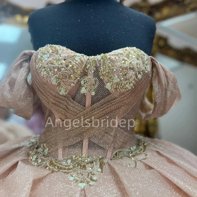 Angelsbridep-Vestido de baile com apliques dourados, vestidos Quinceanera com brilho rosa, festa noturna, miolinhas, 2022