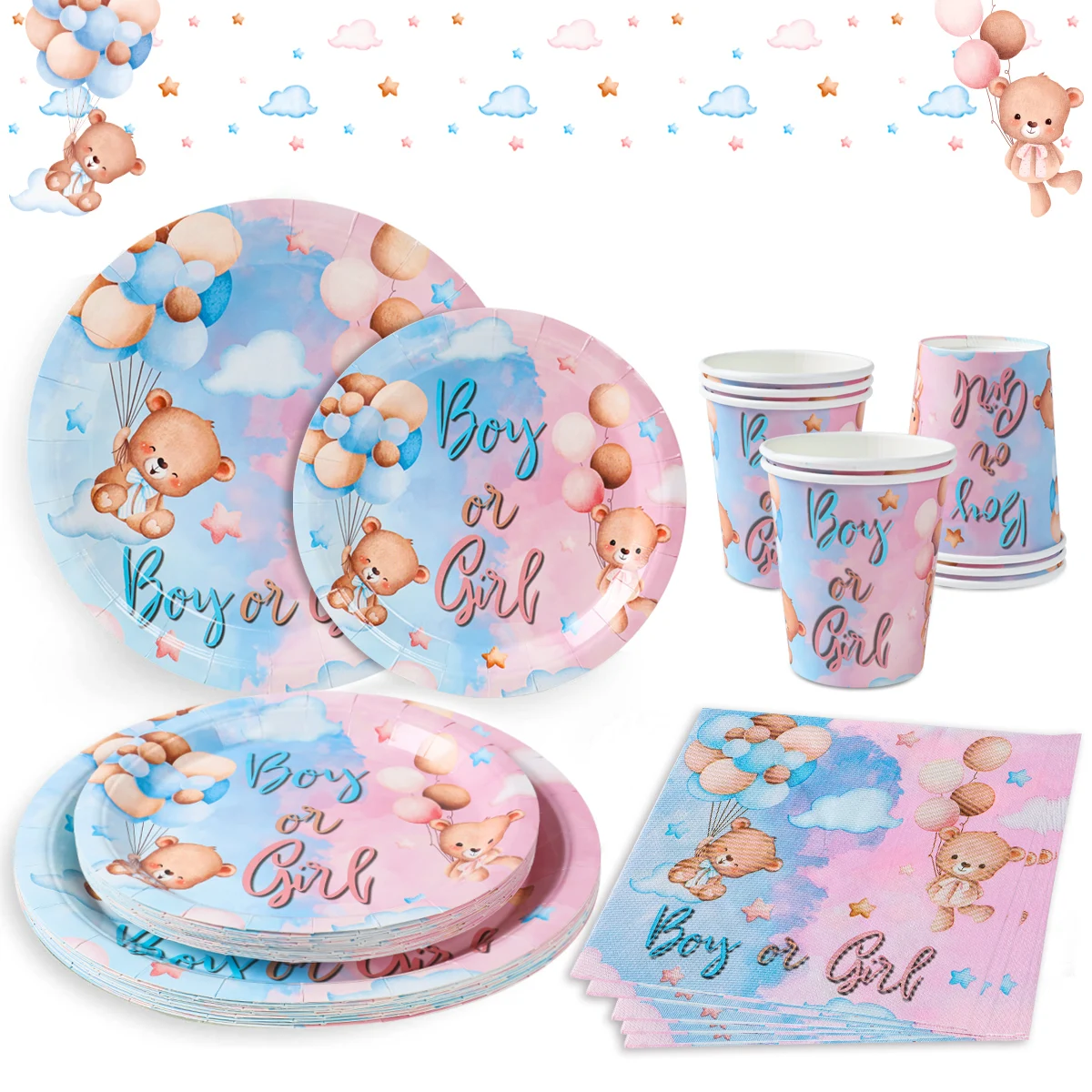 مجموعة أدوات مائدة للاستعمال مرة واحدة للزينة المكشوفة بين الجنسين ، أطباق ورقية وردية وزرقاء ، أكواب وبالون ، استحمام الطفل ، لوازم الحفلات ، صبي أو فتاة #2