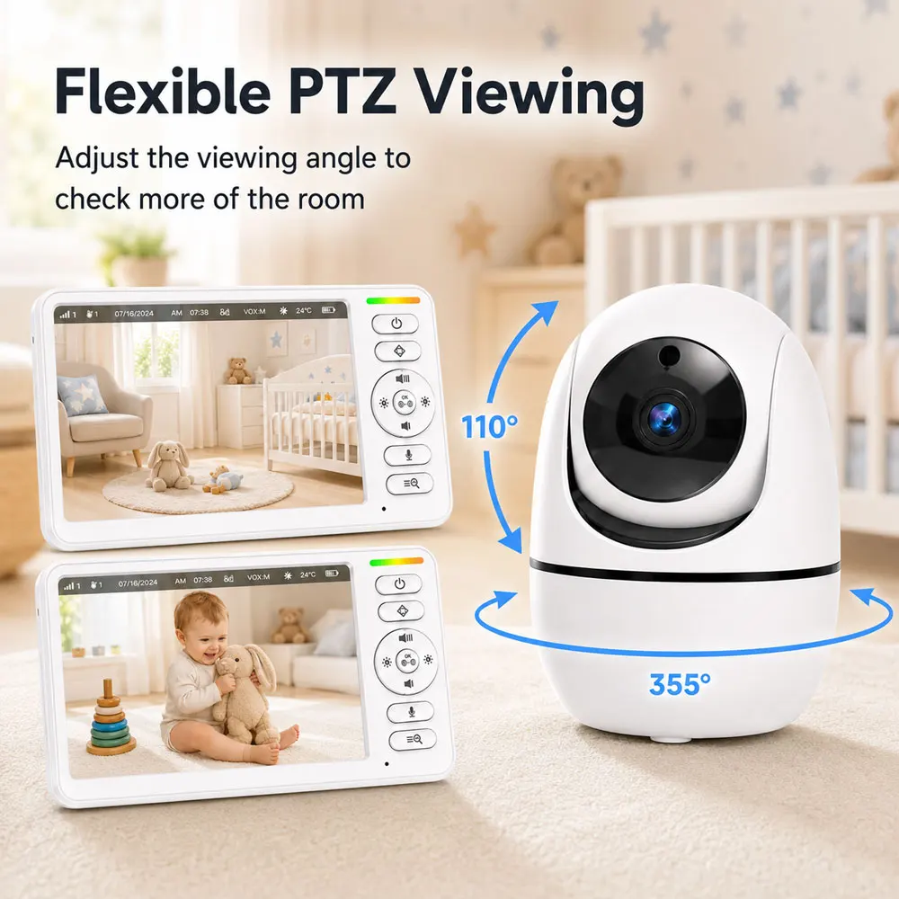 5-Zoll-PTZ-Babyphone-Kamera mit Audio, 5000mAh wiederaufladbarem Elternbildschirm, 4-fachem Digitalzoom, Zwei-Wege-Kommunikation, IR-Nachtsicht, VOX-Geräuscherkennung, Raumtemperaturüberwachung, 5 Schlaflieder, Fernüberwachung, kabelloser Videomonitor für Kinderzimmer, Schlafzimmer und Babypflege – Detail 9