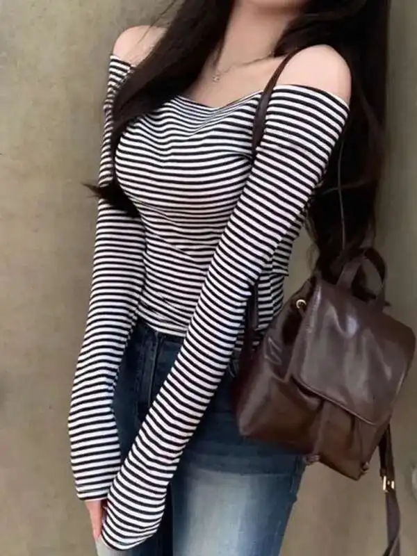 Autunno/Inverno Versione Coreana New Classic Stripe Slash Neck Off Spalla Manica Lunga Vita Cinching Slim Casual Pullover EXB4