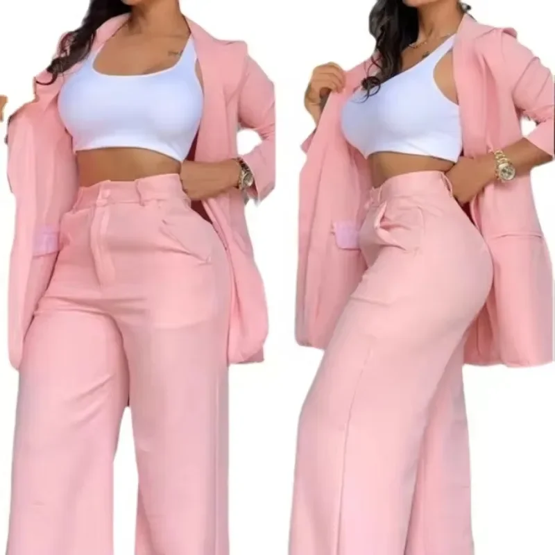 Woman Elegant Blazer Sets New Autumn Solid Color Women's Notched Collar Coat & Pocket Straight Pants Suit Fashion Two Piece Suit