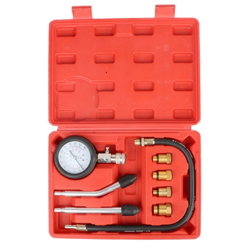 Gasoline Engine Compression Meter With M10 M12 M14 M18 Adapter Red & Black Automotive Cylinder Tester Kit