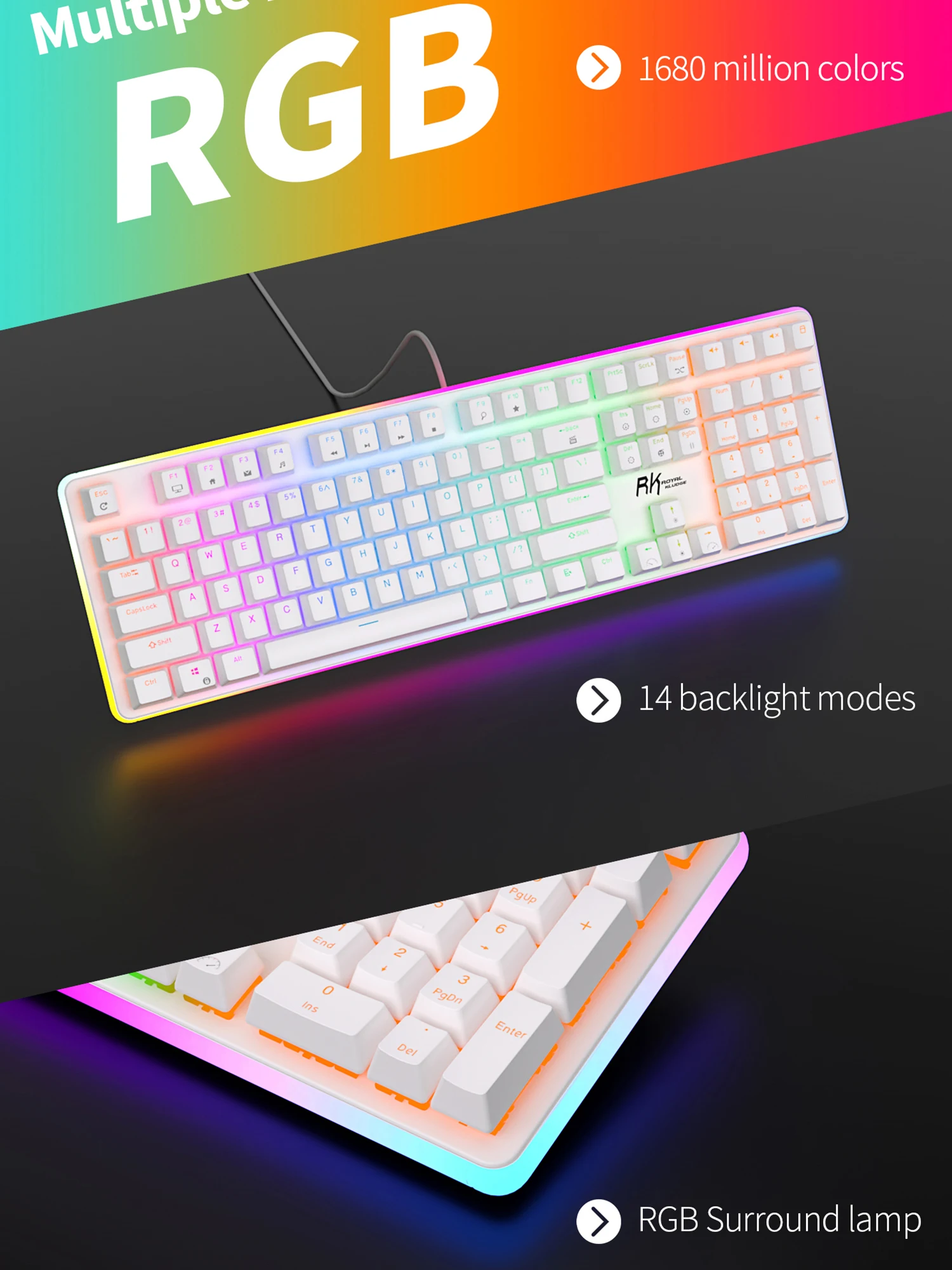 RK918 로얄 KLUDGE RGB 백라이트 유선 게임 기계 키보드 108 키 대형 LED Sorrounding 측면 램프와 안티 고 스팅