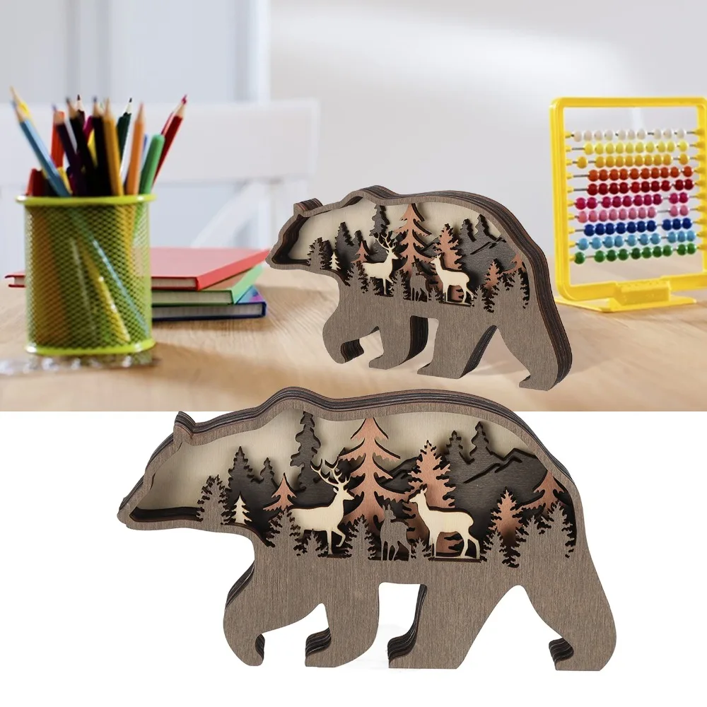 3D Forest Animal Wood Crafts gift Multi Layer Carving Wood Carving Animal Crafts Luminous Decoration with Light