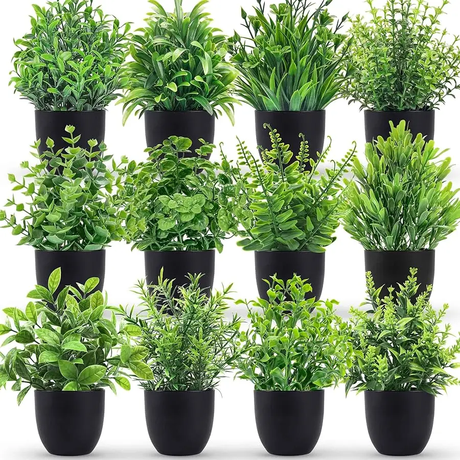 

Fake Plants 12 Pack Artificial Plants Small Faux Plants in Black Pot for Bathroom Home Office Table Decor Indoor