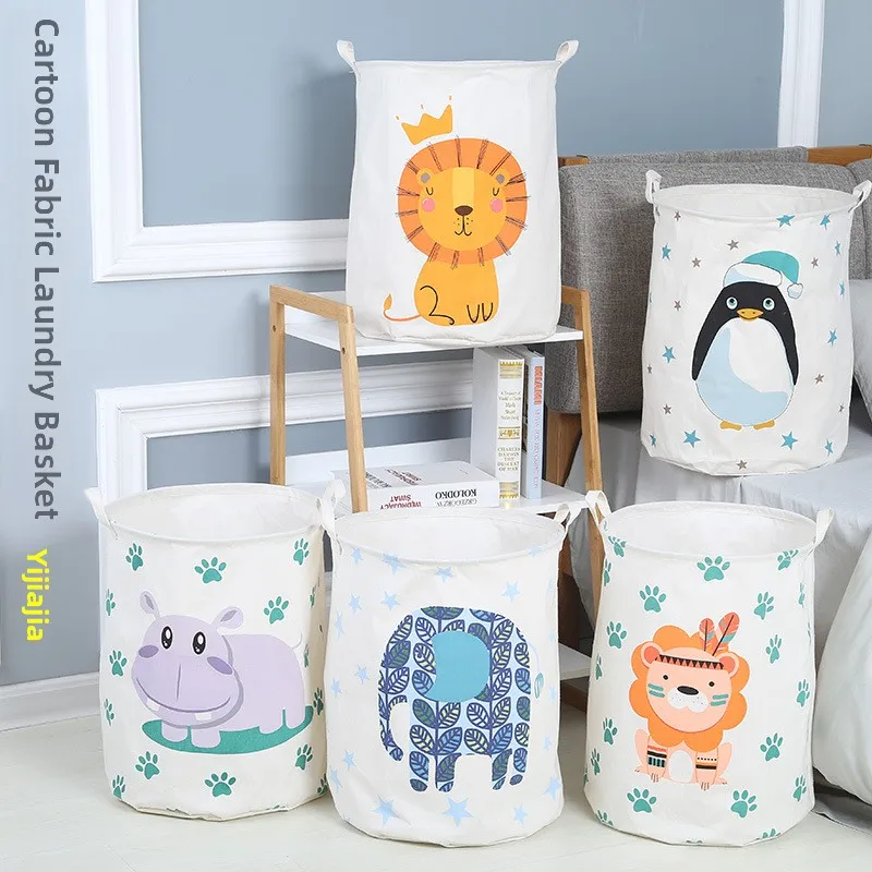 

Waterproof Cotton Linen Cartoon Laundry Basket round Foldable Laundry Hamper Fabric Storage Bucket Family Organizing Tools
