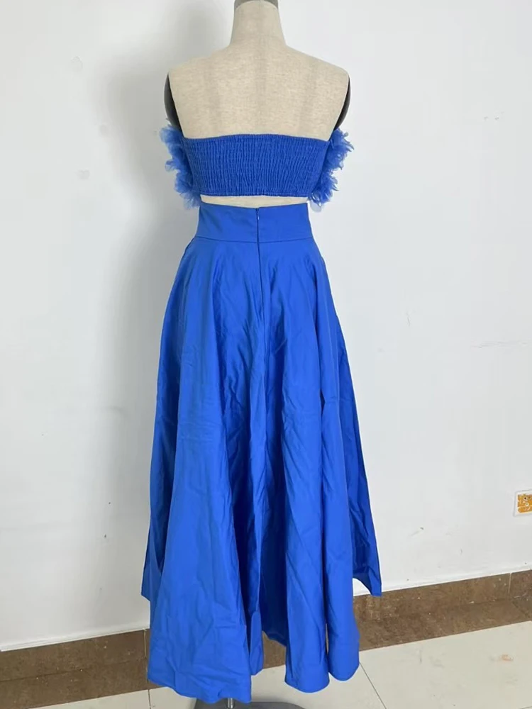 In de zomer van 2025, het nieuwe damespak met driedimensionale bloem elastische sexy tube top en hoge taille A-vormige rok se