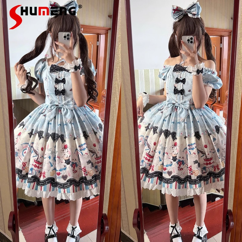 

Original Japanese Soft Girls Lolita Dress OP Girl's Sweet Cute Bow Print Birthday Party Dress Princess Tea Party Dress for Women