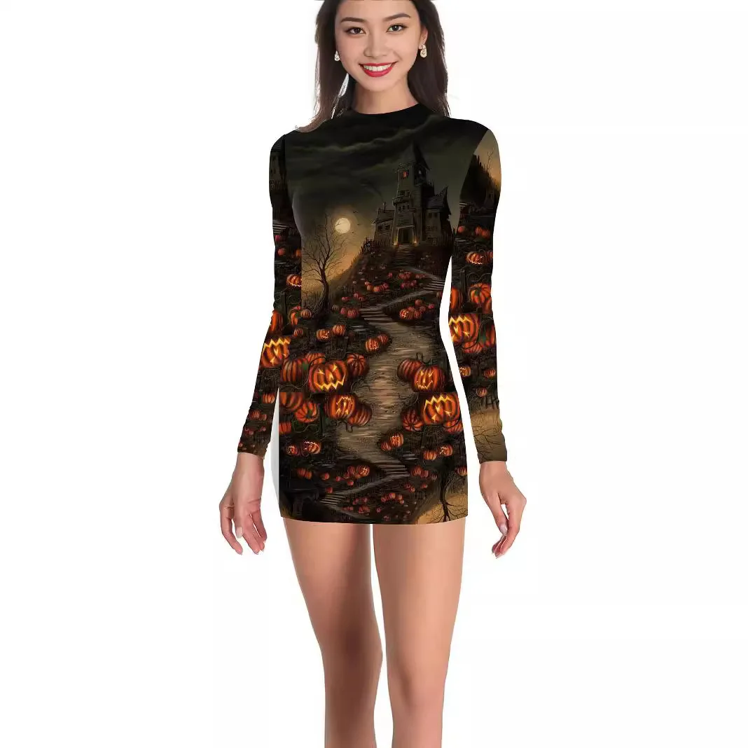 Halloween Skullpumpkin Print Mini-Jurk Casual Vakantie Dames Sexy Lange Mouw Slanke Jurk Carnaval Party Outfits S-2XL