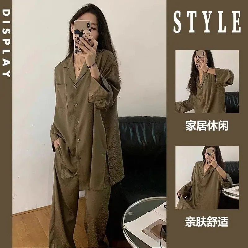 Korean Style Senior Sense of Women's Pajamas Set of Long-sleeved Long Pants Spring and Fall Models of Ice Silk Leisure Home Wear