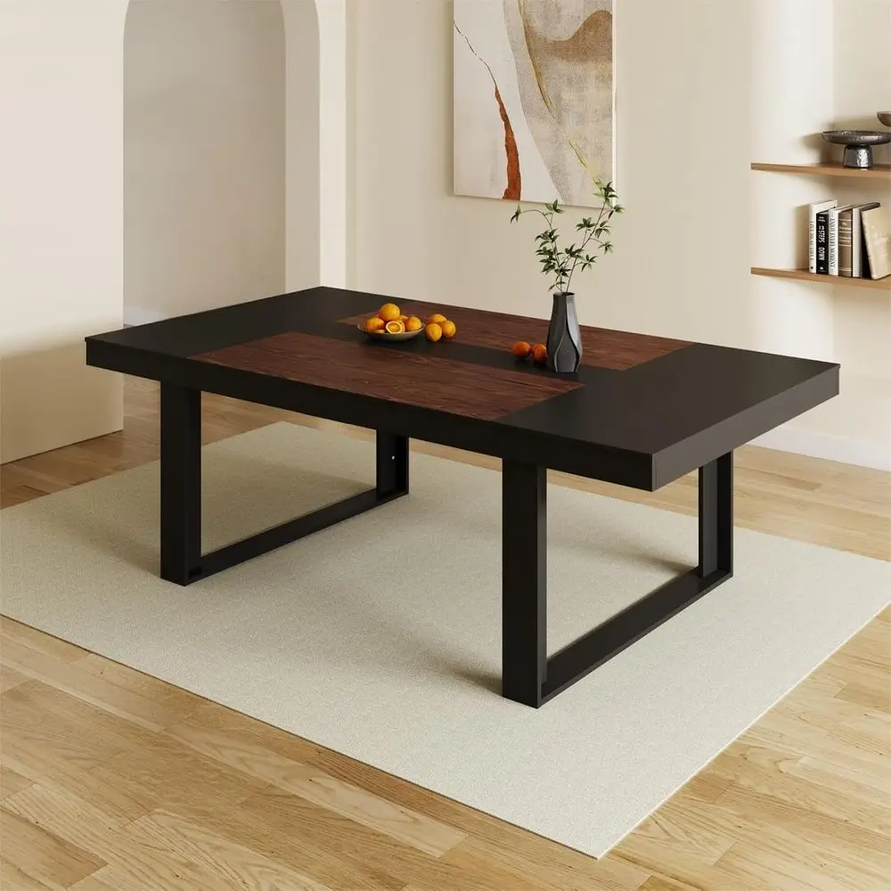 Elegant 86.8 Walnut & Black Rectangular Dining Table, Seats 6-8, for Kitchen or Dining Room