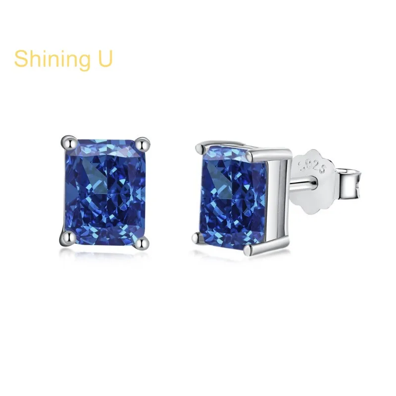 

Shining U S925 Silver High Carbon Diamond Sapphire 6*8mm Ring Earrings for Women Fine Jewelry Engagement
