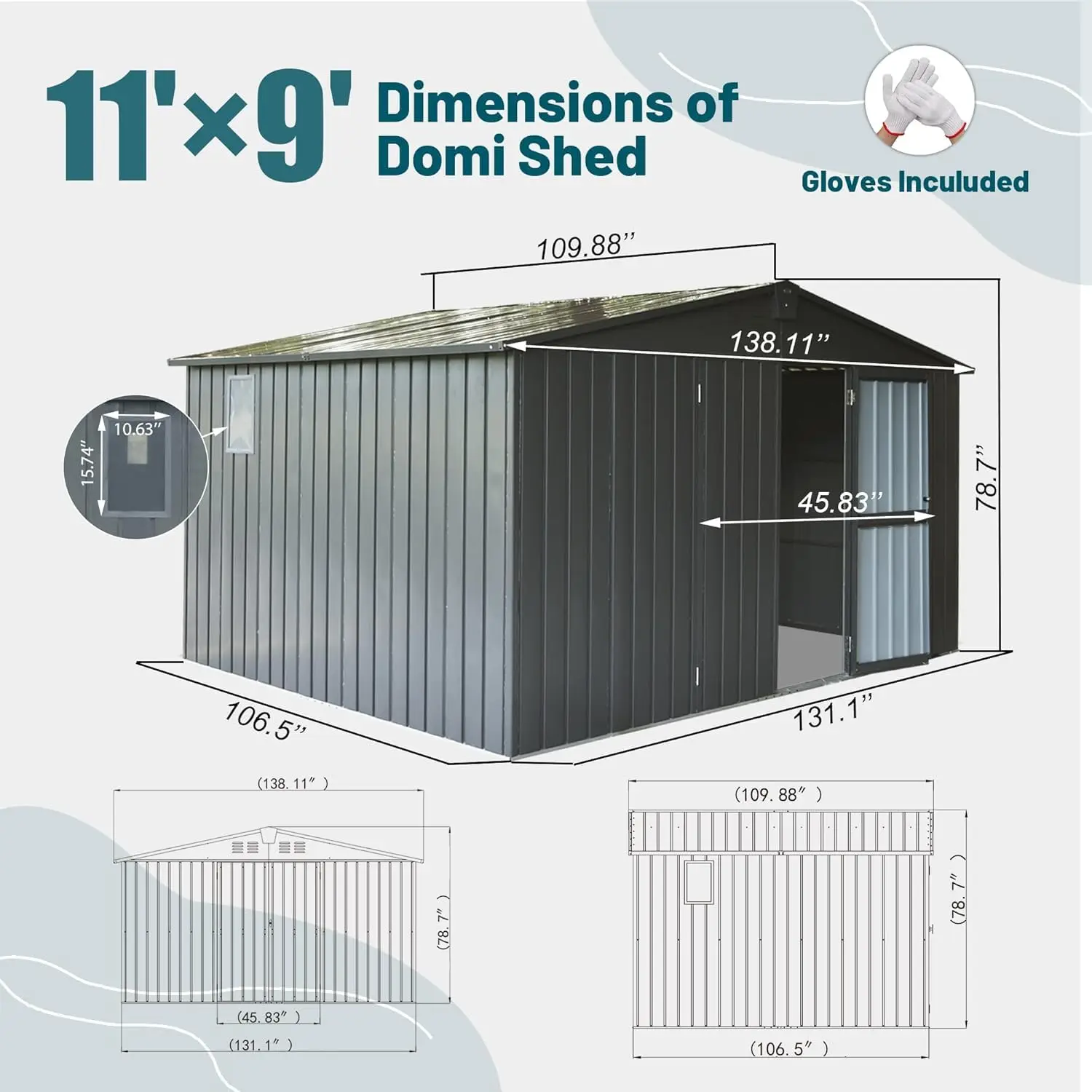 Metal Storage Shed 11x9 FT with Lockable Double Door, Waterproof Large Outdoor Bike Shed for Garden & Backyard, Gray, Customized