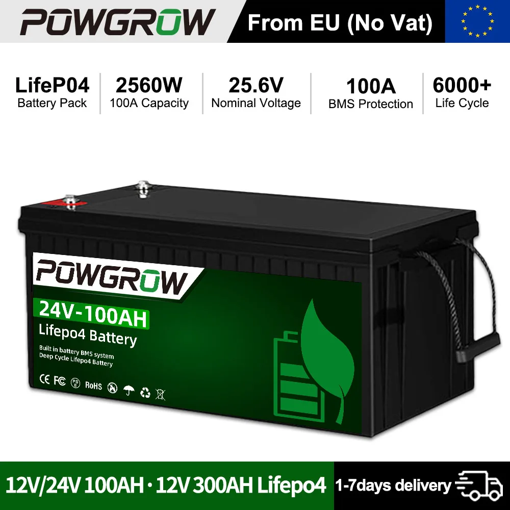 Image of POWGROW 12V 300AH 24V 100AH LiFePO4 Batterie 200A mit integriertem BMS 6000+ Deep Cycle A+ Zellen für Wohnmobile, Solar, Marine – Steuerfrei EU