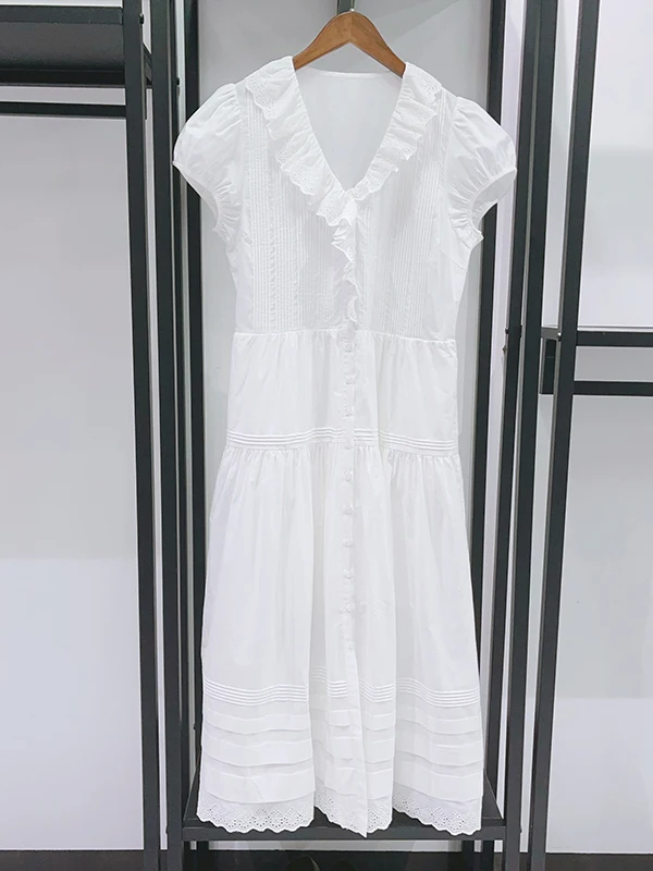 

Romantic White Long Dress Heavy Embroidery V-Neck Sleeveless Women's Dress French Style Cotton A-Line Skirt Casual Wear