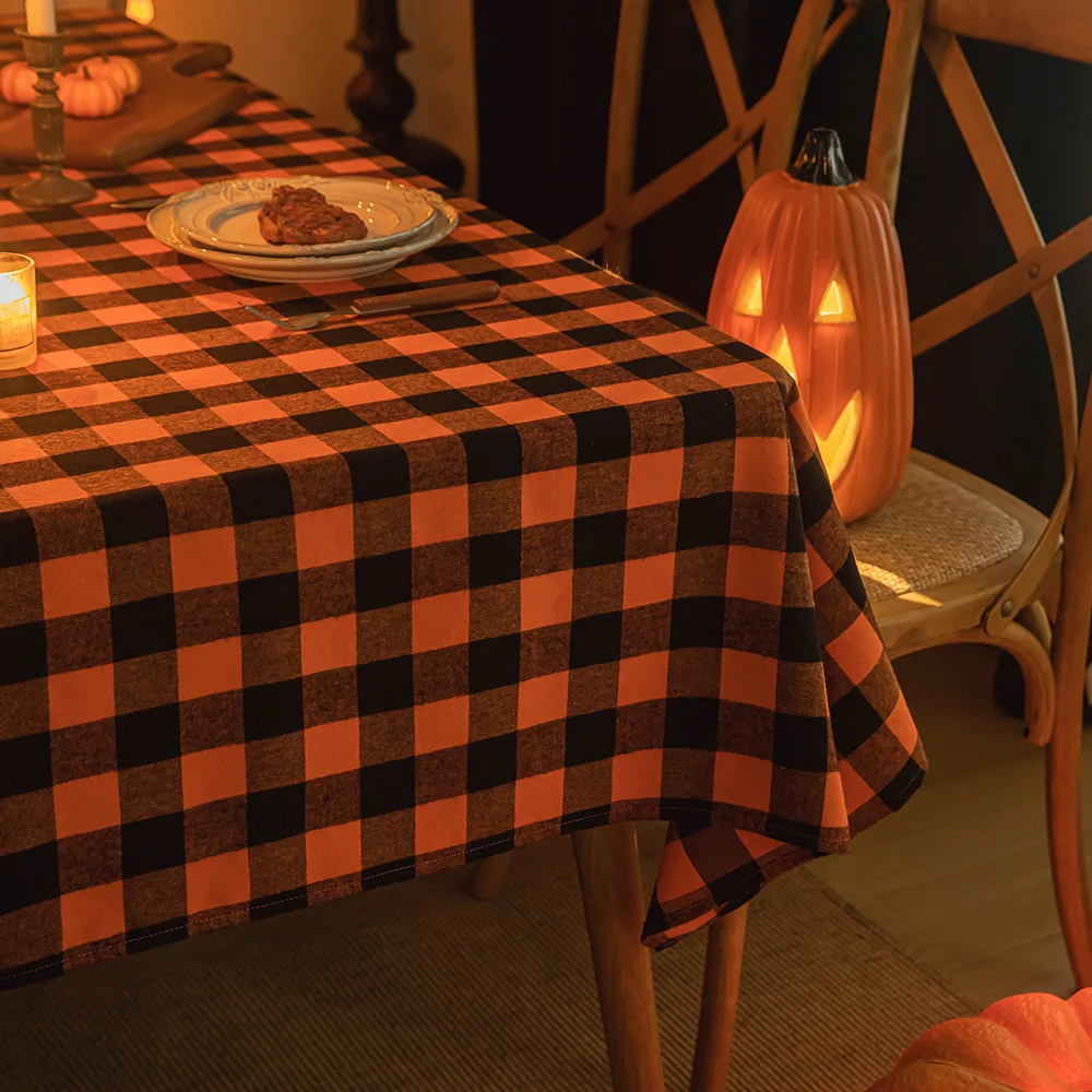 Orange Black Checkered Polyester Halloween Festive Dining Table Decoration Tablecloth