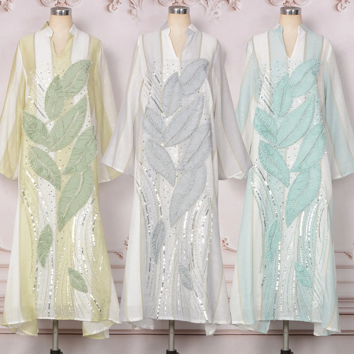 

Textured Leaf Appliques Women Jalabiya Arab Dress Muslim Ramadan Eid Islamic Kaftan Abaya Resort Wear: Regular-Fit, Wide Sleeves