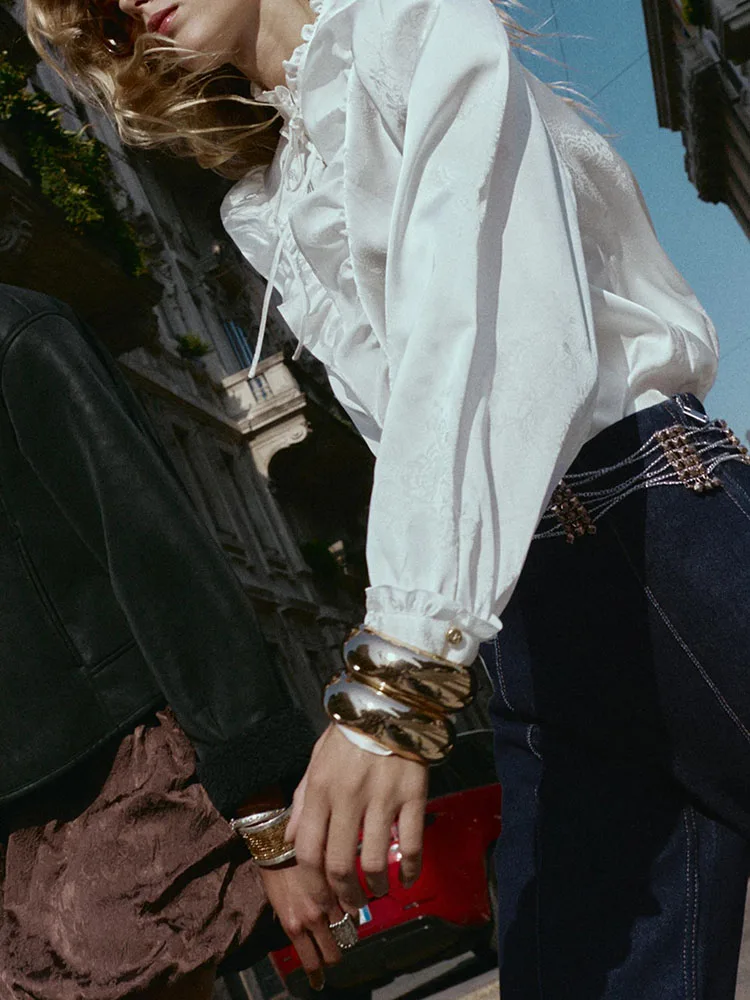 Autumn New Arrival Women's Casual Long Sve Satin Feel irt Versatile Floral Embroidery Ele Faionable Ladies' Top