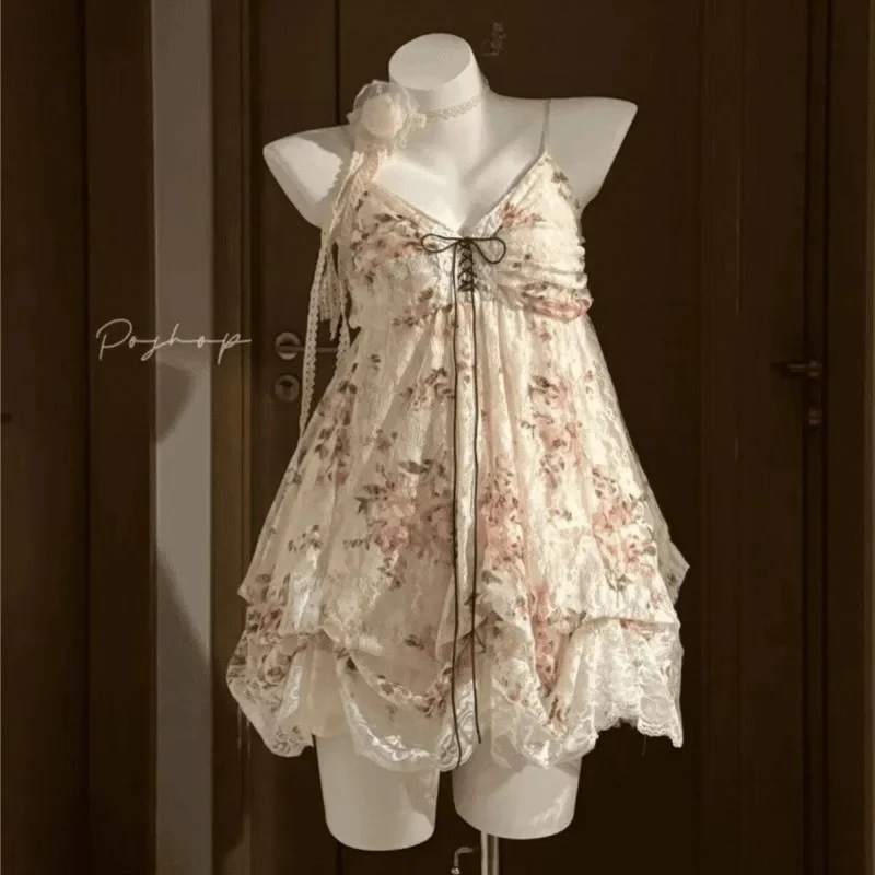 Kawaii Bow Mini Dresses Lolita Summer Sweet Halter Neck Polka Dot Women Lace Dresses French Elelgant Sexy Slim Party Dresses New