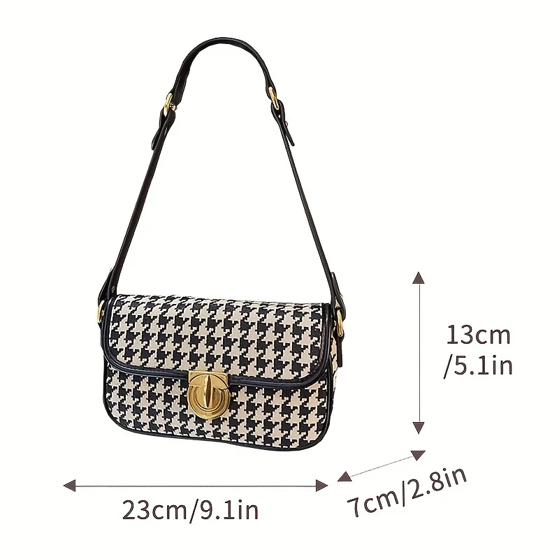 Houndstooth Square Shoulder Bag, Women\'s Canvas Flap Purse, Trendy Turn Lock Crossbody Bag