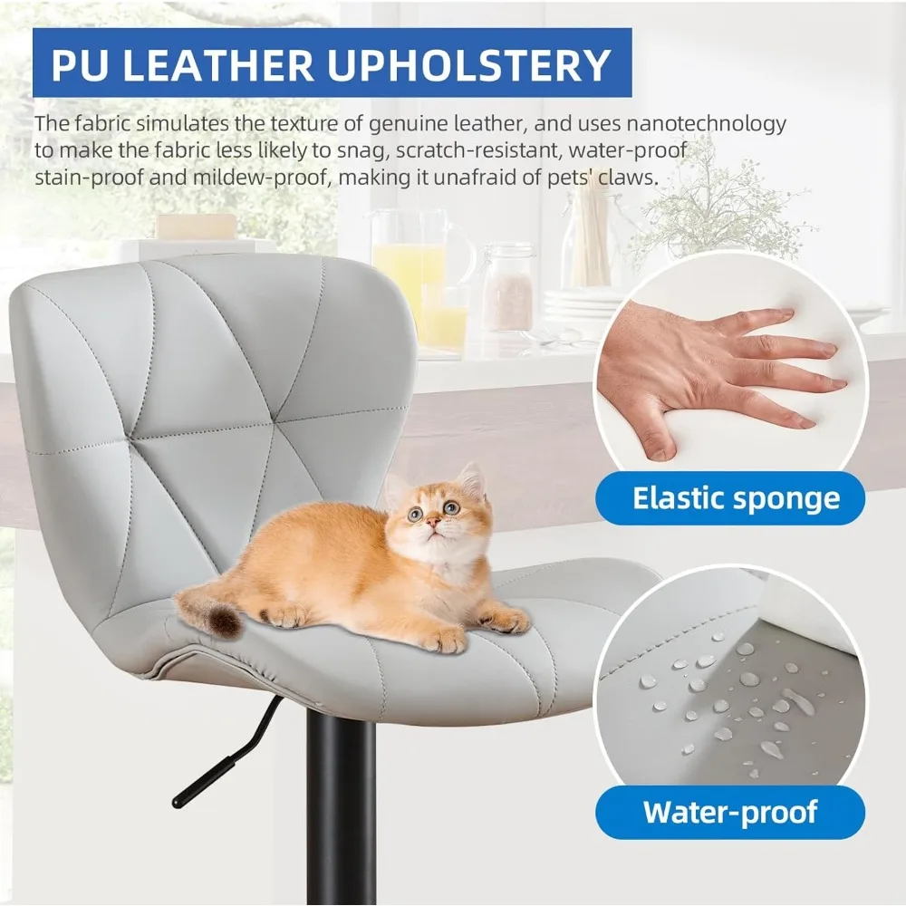 adjustable bar stools set of 6, modern pu leather upholstered, armless swivel bar chairs with back for kitchen bar island(grey)