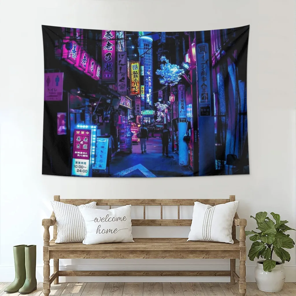 Blue Tokyo Alleys  Tapestry Aesthetic Room Décor Wall Hogar Decorating