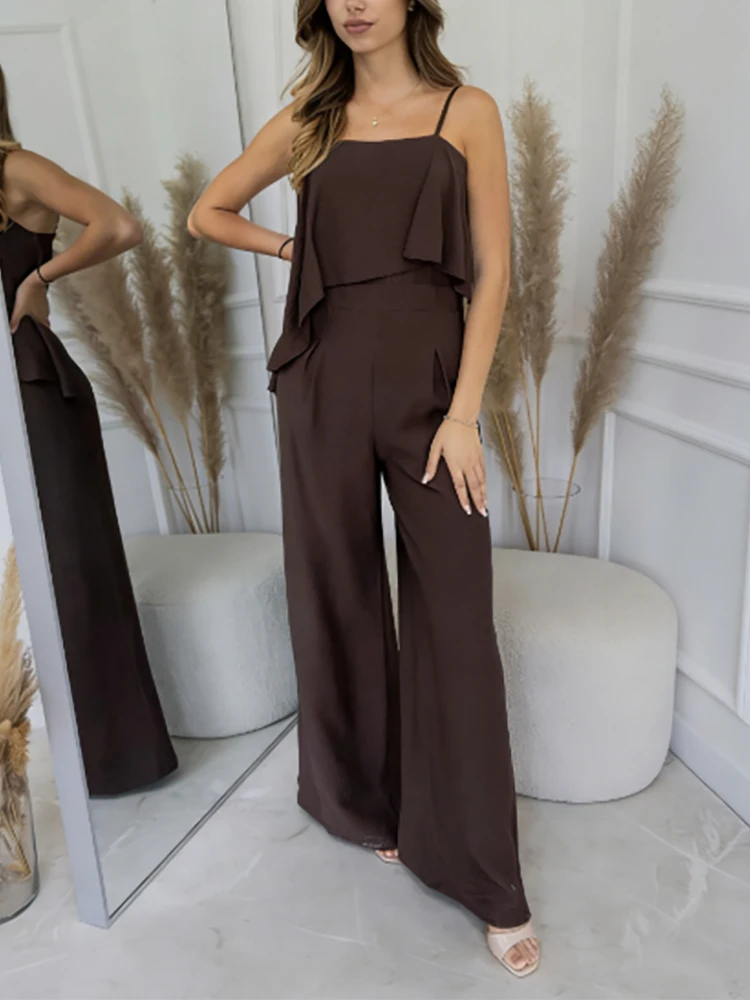 

Elegant Women Vacation Romper Fashion Design Style Ruffles Wide Leg Jumpsuits Summer Sleeveless Halter Commute Playsuits Overall