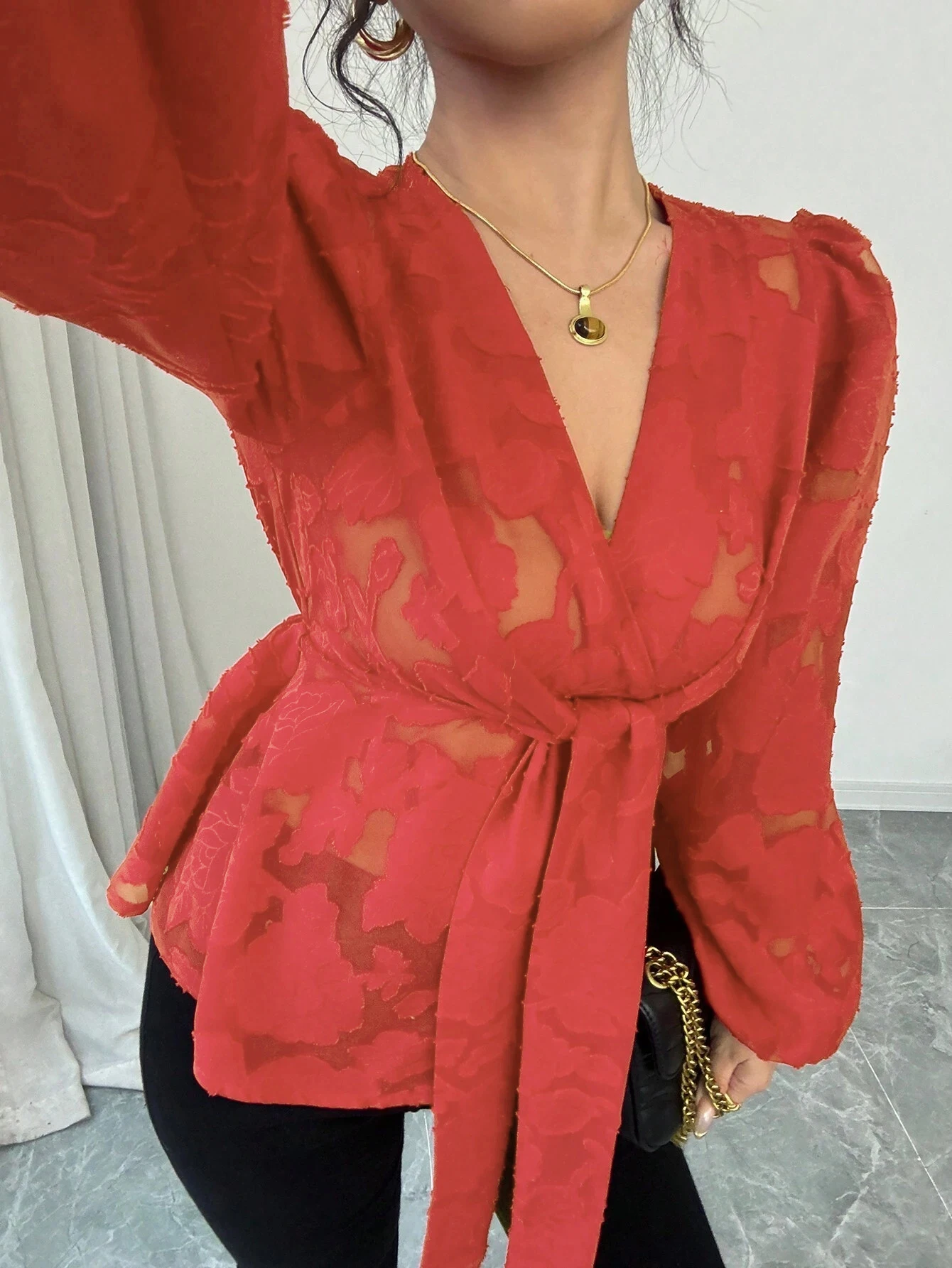 Autumn Winter Blouses 2025 Women's Mature Vibe Full Print Long Sleeve Round Neck Fitting Slim Casual Blouses