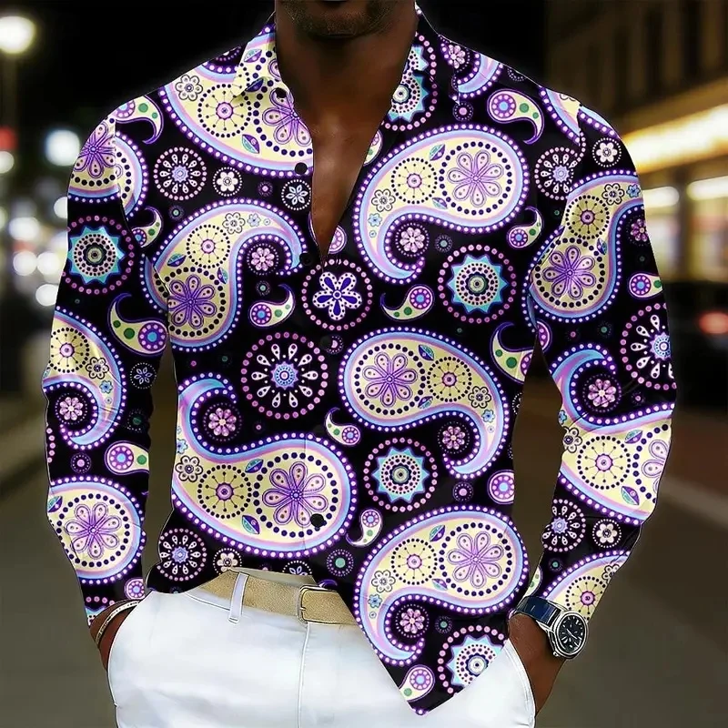 Men's Black Purple Paisley Floral Print Long Sleeve Shirt Turn Down Collar Button Up Party Casual Shirts