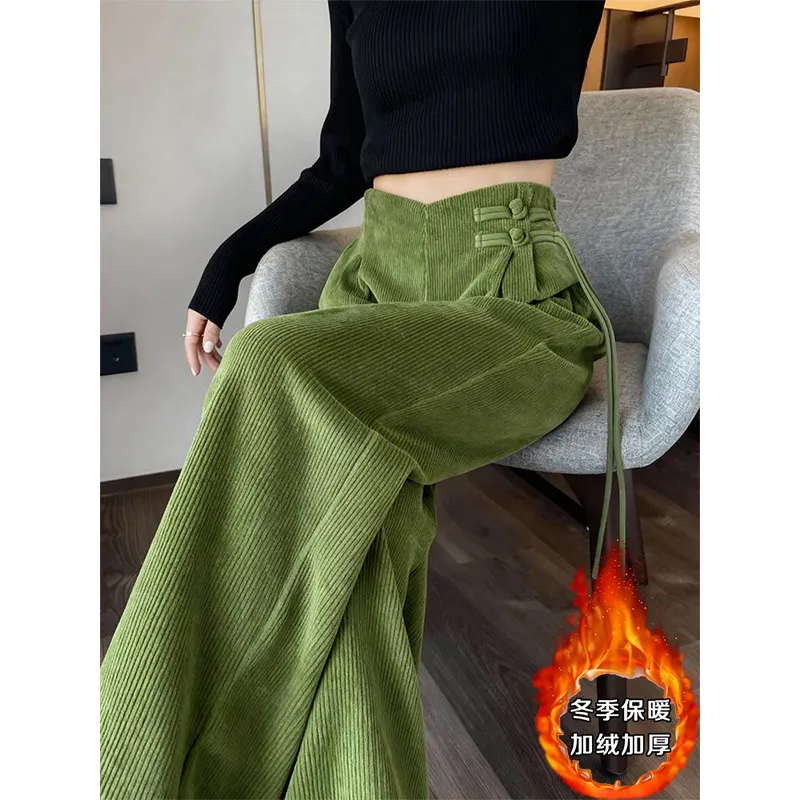 

Fall Winter Women High Waisted Chinese Style Wide Leg Green Thick Warm Corduroy Pants , Woman Casual Vintage Trousers