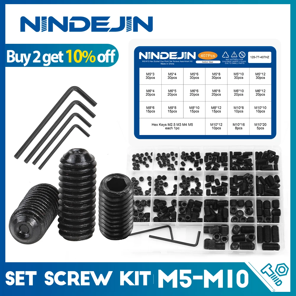 

NINDEJIN Hex Socket Set Screw Kit Cup Point Carbon Steel Stainless Steel Flat Point Headless Grub Screw Assortment Kit