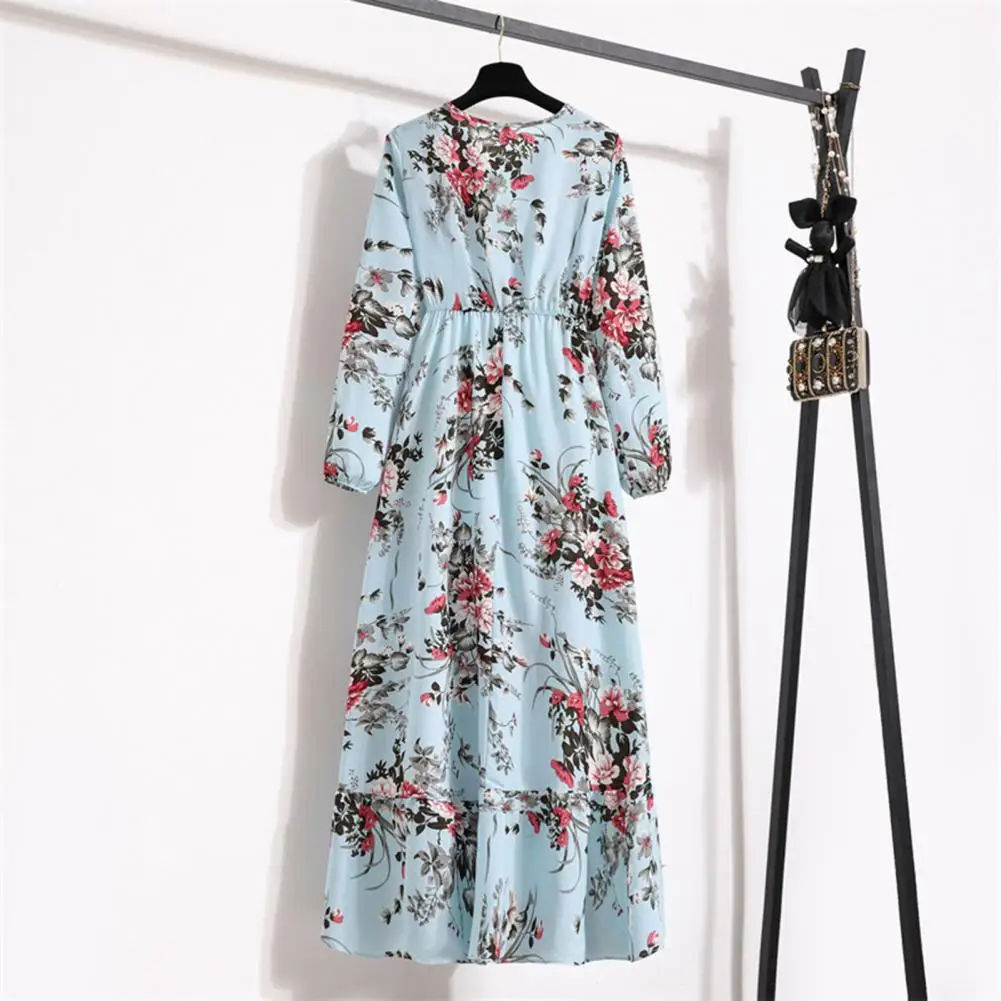 Floral Print Women Dress Floral Print A-line Dress Women's O-neck Long Sleeve Maxi Dress with Elastic High Waist Loose Hem for A