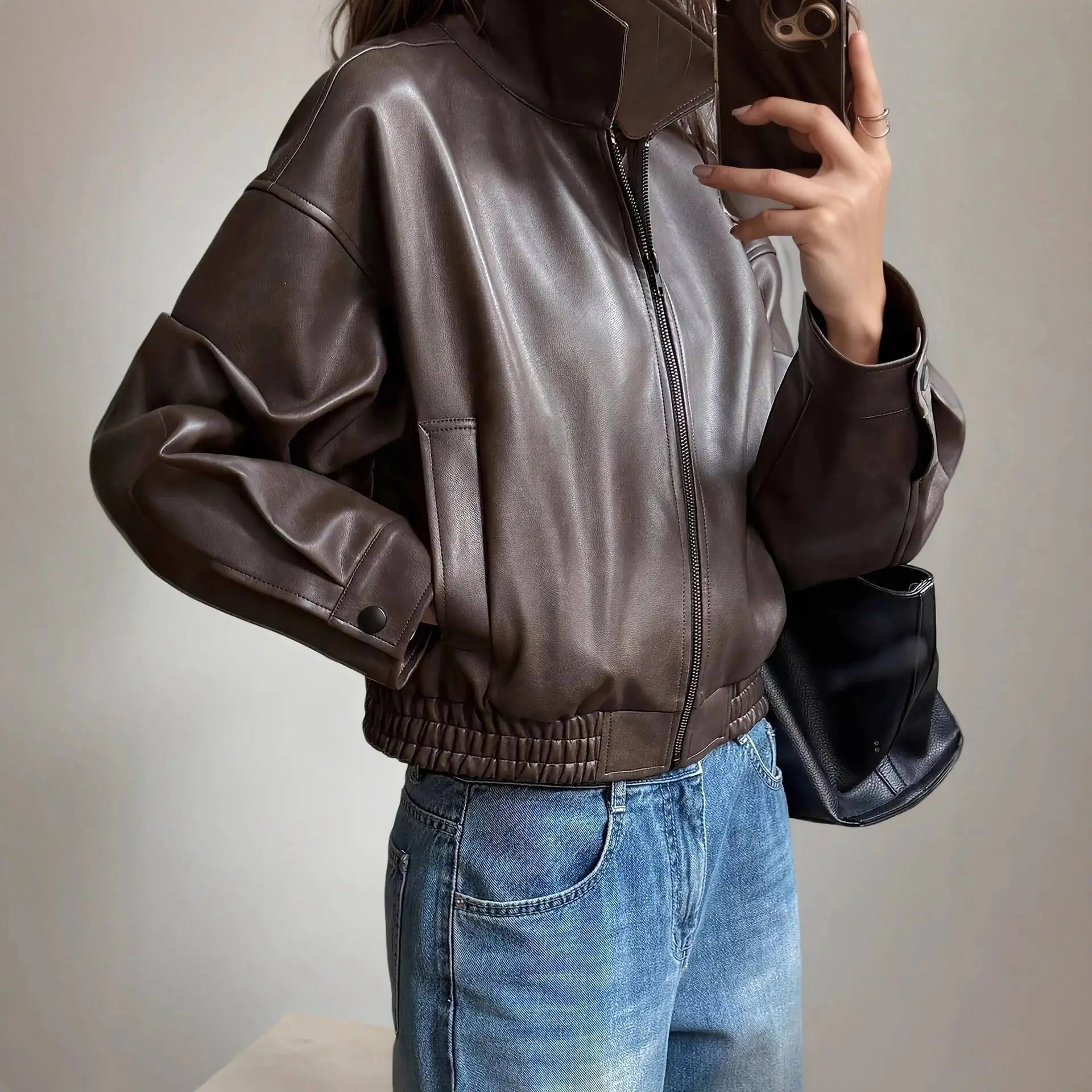 

Leather Jacket Women's Motorcycle Pu Leather Coat Long Sleeve Leather Jacket Autumn Winter New Style