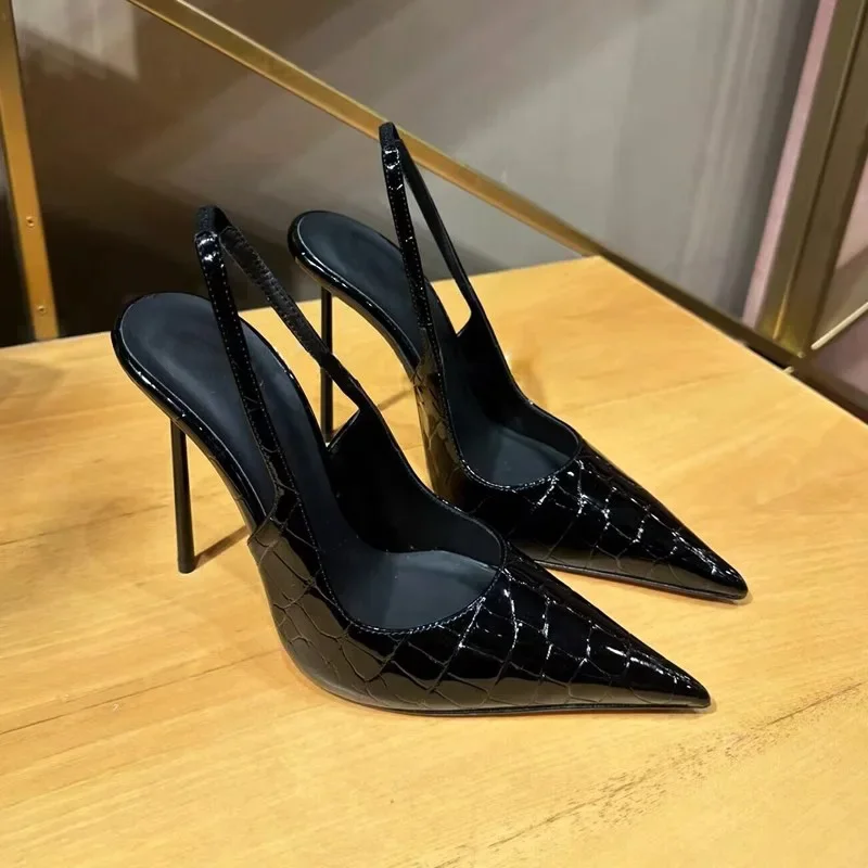 2024 Spring Summer New Black Patent Leather Pointe High Heels Women's Thin Heel Sexy Straight Head Buckle Strap Back Void Sandal