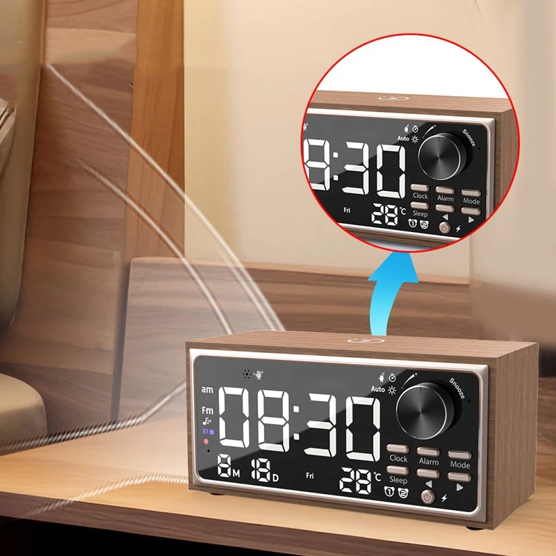 Vintage Dual Alarm Clock Radio With Wireless Charging, FM Radio, LED Display, Dimmer Control For Bedroom
