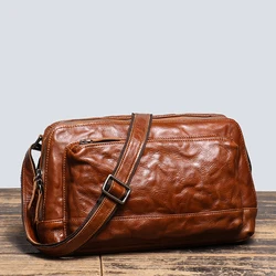 New Men's Genuine Leather Messenger Bag Natural Cowhide Horizontal Shoulder Bags Retro Fashion Satchel Bag 9.7-inch iPad