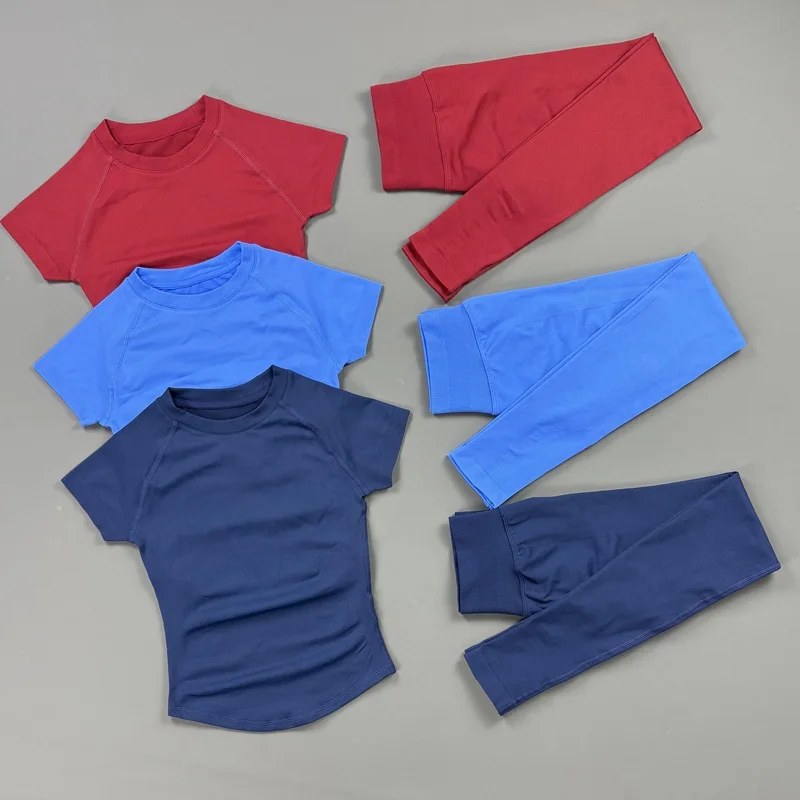 Seamless Short Sleeve Top Sports Set Women Low Ribbed Waist Leggings and Slim Fit T Shirt Sets Gym Fitness Yoga Sportswear Set