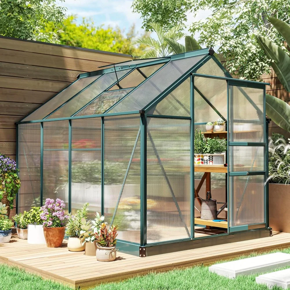 

6' X 8' Greenhouse with Rain Gutter and Roof Vent, Aluminum Walk-in Green Houses, Outdoor Polycarbonate Greenhouse