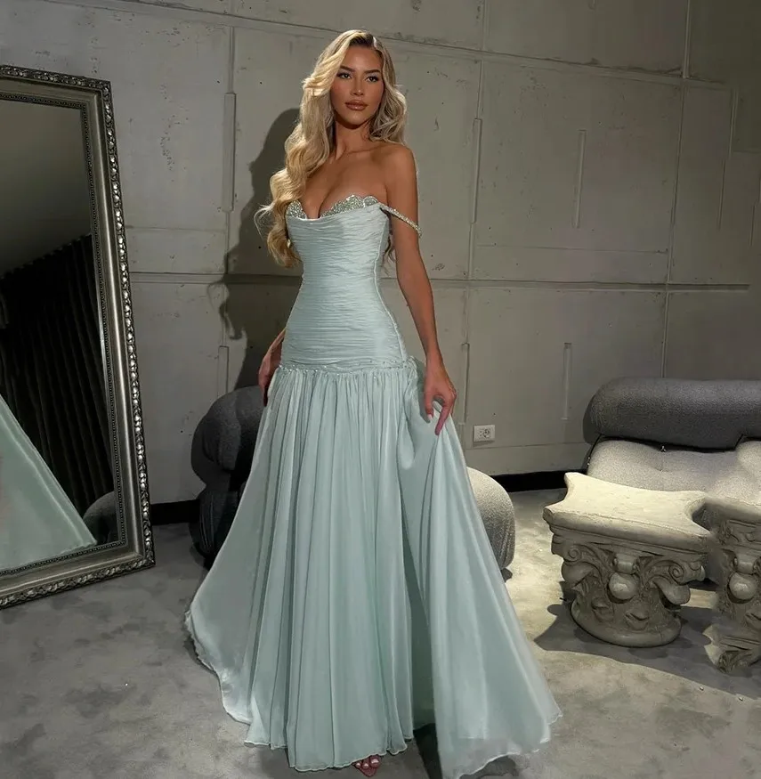 

Sky Blue Chiffon Prom Formal Dress Off The Shoulder Beads Long Evening Birthday Party Gowns Vestido De Feast