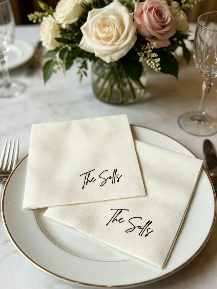 Custom Elegant Script Last Name Linen Like Cocktail Napkins Disposable Table Favors for Wedding Engagement Bridal Shower