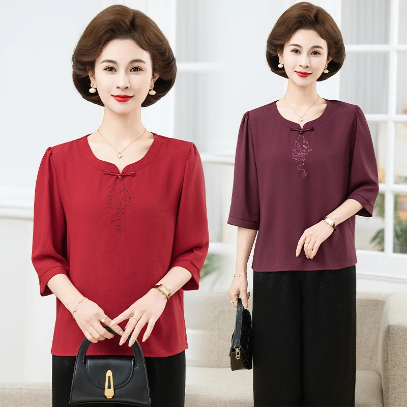 

Элегантная вышитая футболка с пуговицами для женщин среднего и старшего возраста, утягивающая, омолаживающая, качественная.