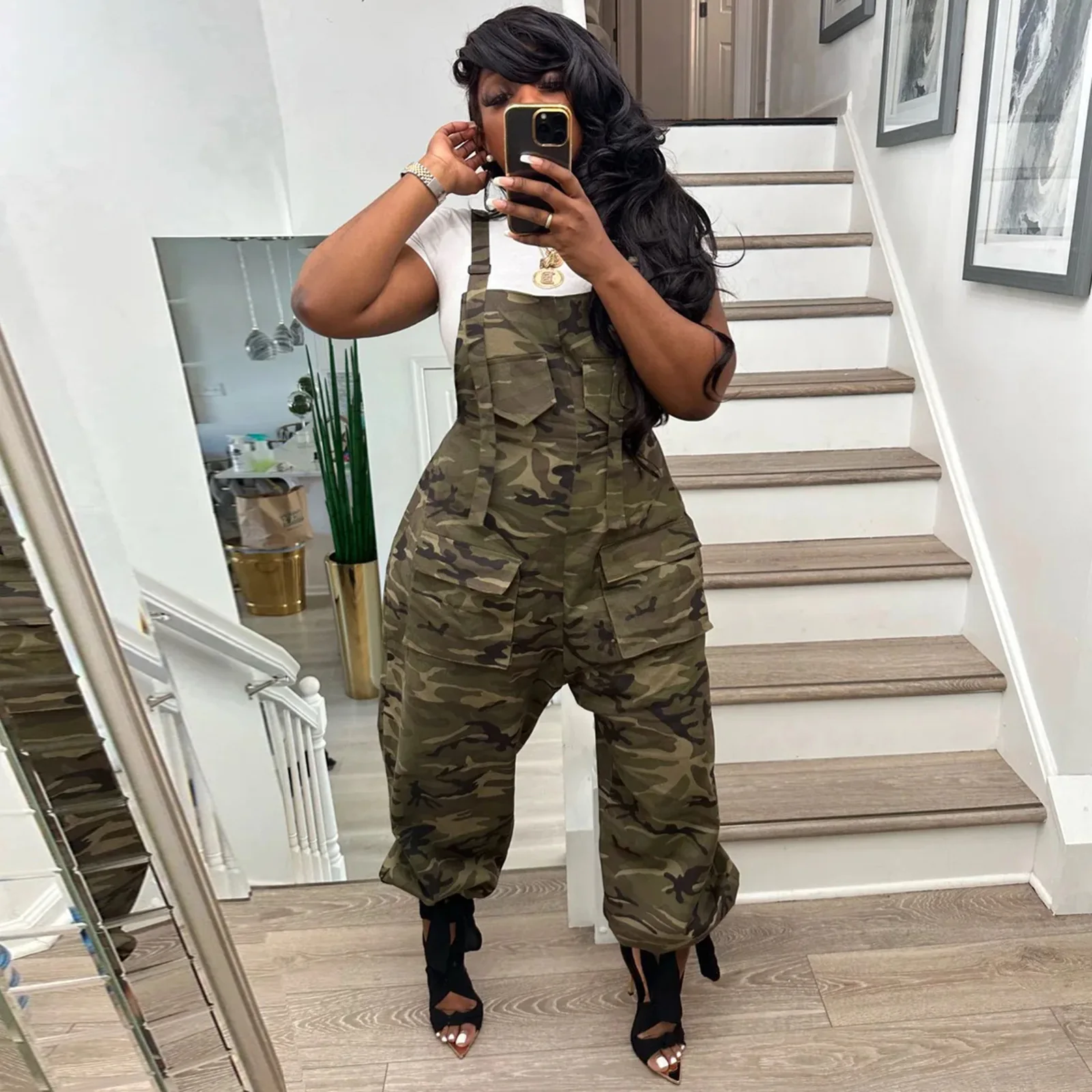 Camouflage Loose Jumpsuit Sexy Women Spaghetti Strap Elegant Camo Military Casual Overalls Romper