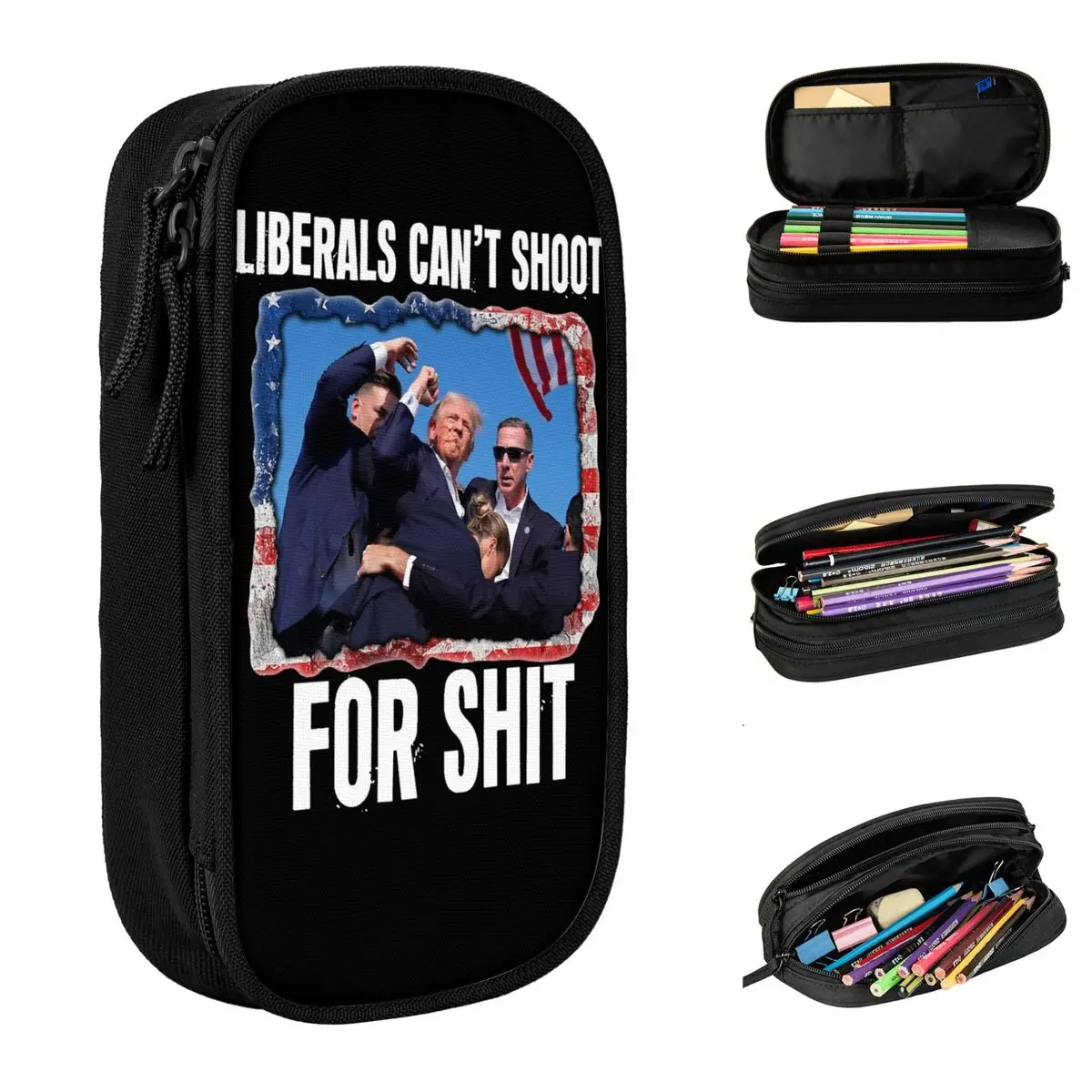 Liberals Can't Shoot America Pencil Case Cute Trump Fight 2024 Pen Bag Student Big Capacity Students School Cosmetic Pencil Box