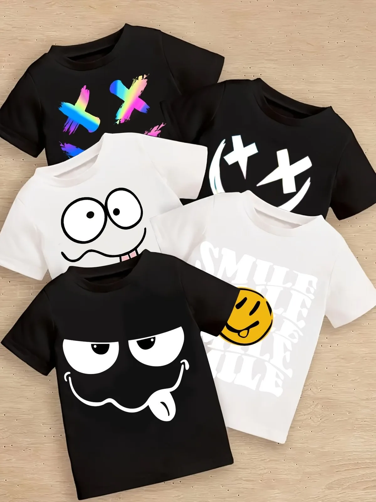 Cartoon Funny Face Print Kids Cotton T‑Shirt Boys Short Sleeve Tee Multiple Styles Casual Street Summer Children Daily Tops