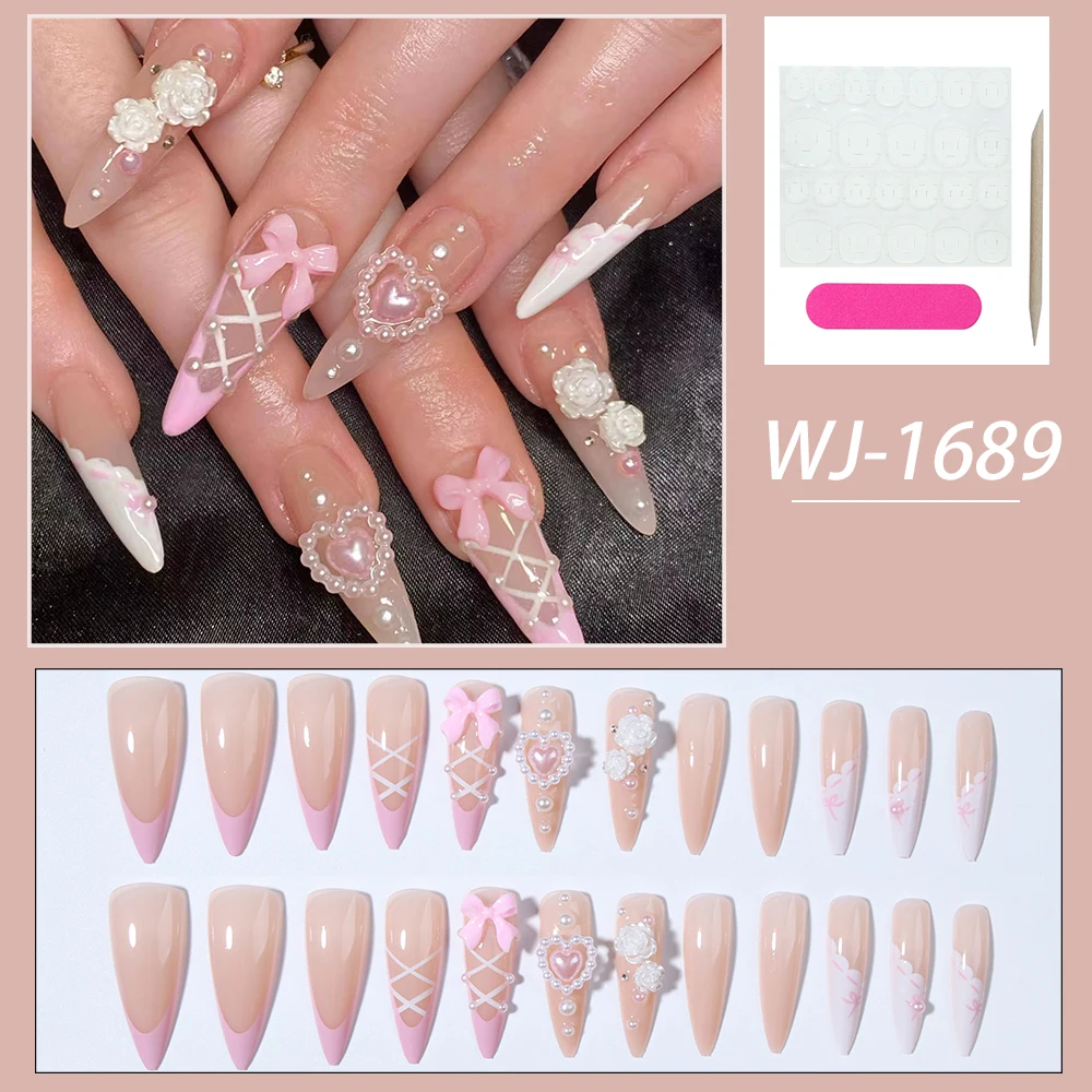 24 قطعة من زهرة اللوز على شكل قلب لؤلؤي اضغط على الأظافر، مجموعة أظافر صناعية من الأكريليك مناسبة تمامًا، تحتوي على قطعة واحدة من غراء الجيلي و1 قطعة Na