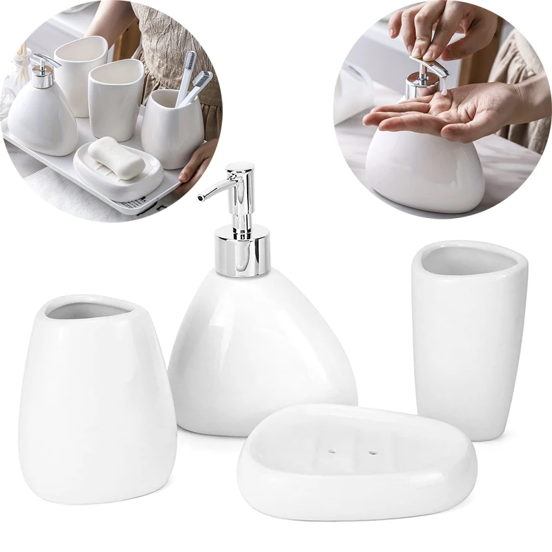 

Complete Ceramic Bathroom Accessories Set with Soap Dispenser Tumbler Toothbrush Holder and Soap Dish Bathroom Organizer
