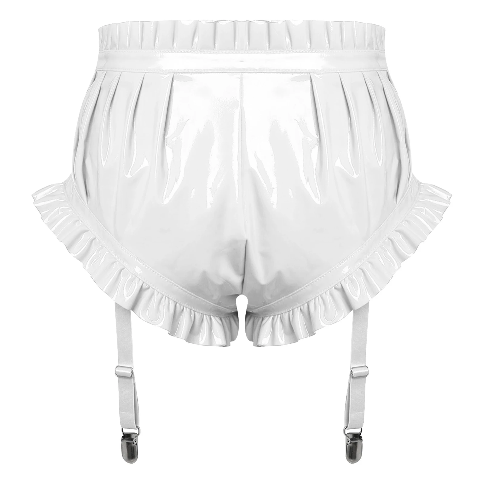 Damen PU-Leder Latex-Shorts mit Rüschenbesatz, Strumpfhalterclips, geraffter Bloomer, Unterwäsche, Rave-Party-Outfit, Lingerie-Unterteil, Clubwear – Detail 4