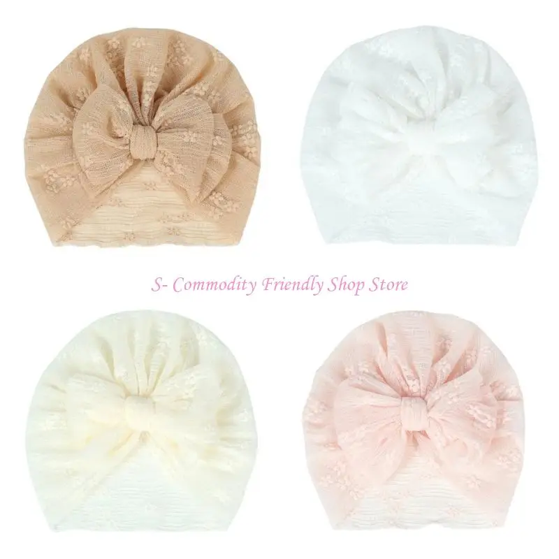 

85AE Lovely Newborn Baby Girl Lace Cap with Bow Soft & Breathable Turban Headwrap Breathbale Cap for Hospital & Daily- Wear