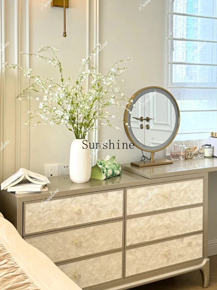 

American retro light luxury shell dresser bedroom bedside table makeup table integrated solid wood storage FT
