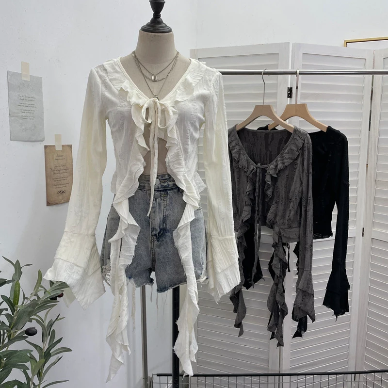 Real Shot Wasteland-style irregular ruffle strap distressed cardigan top with short length and long sleeves